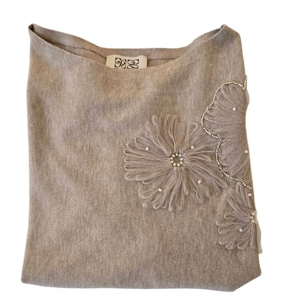 LIV Milano Womens Pearl Embellished Floral Applique Knit Sweater Taupe Large